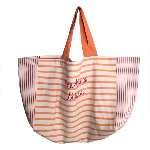 Loft Weekend Vibes Large Striped Canvas Cotton Tote Bag NWT - Picture 1 of 10